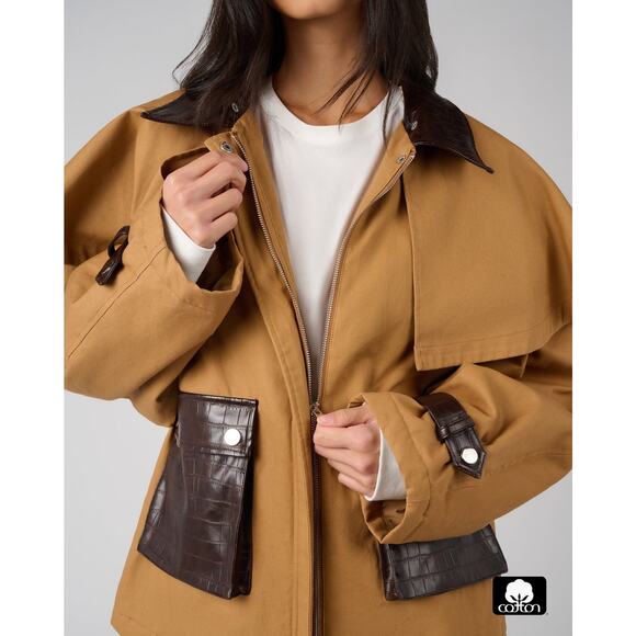 We Wore What Women's Cocoon Barn Jacket Khaki /Dark Brown Size L NWT French Girl - Picture 5 of 13